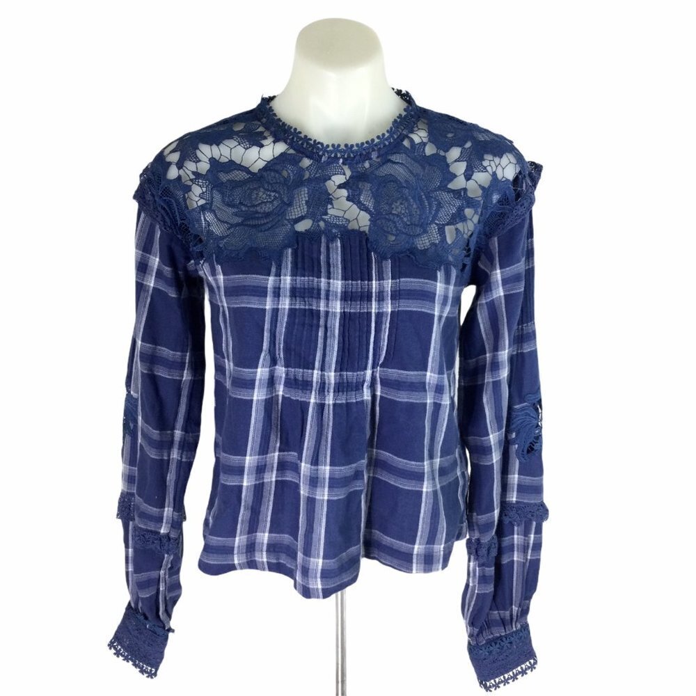 Free People Darling Diana Blue Plaid Lace Navy